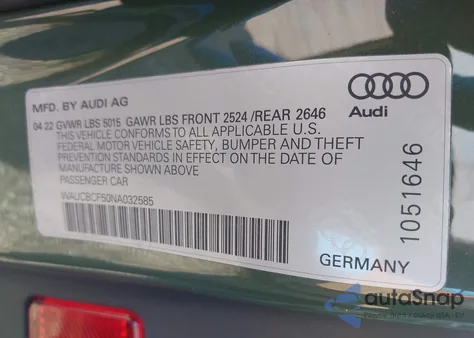 2022 Audi A5 Sportback Premium Plus 40 Tfsi Quattro S Tronic from USA, damaged, VIN WAUCBCF50NA032585